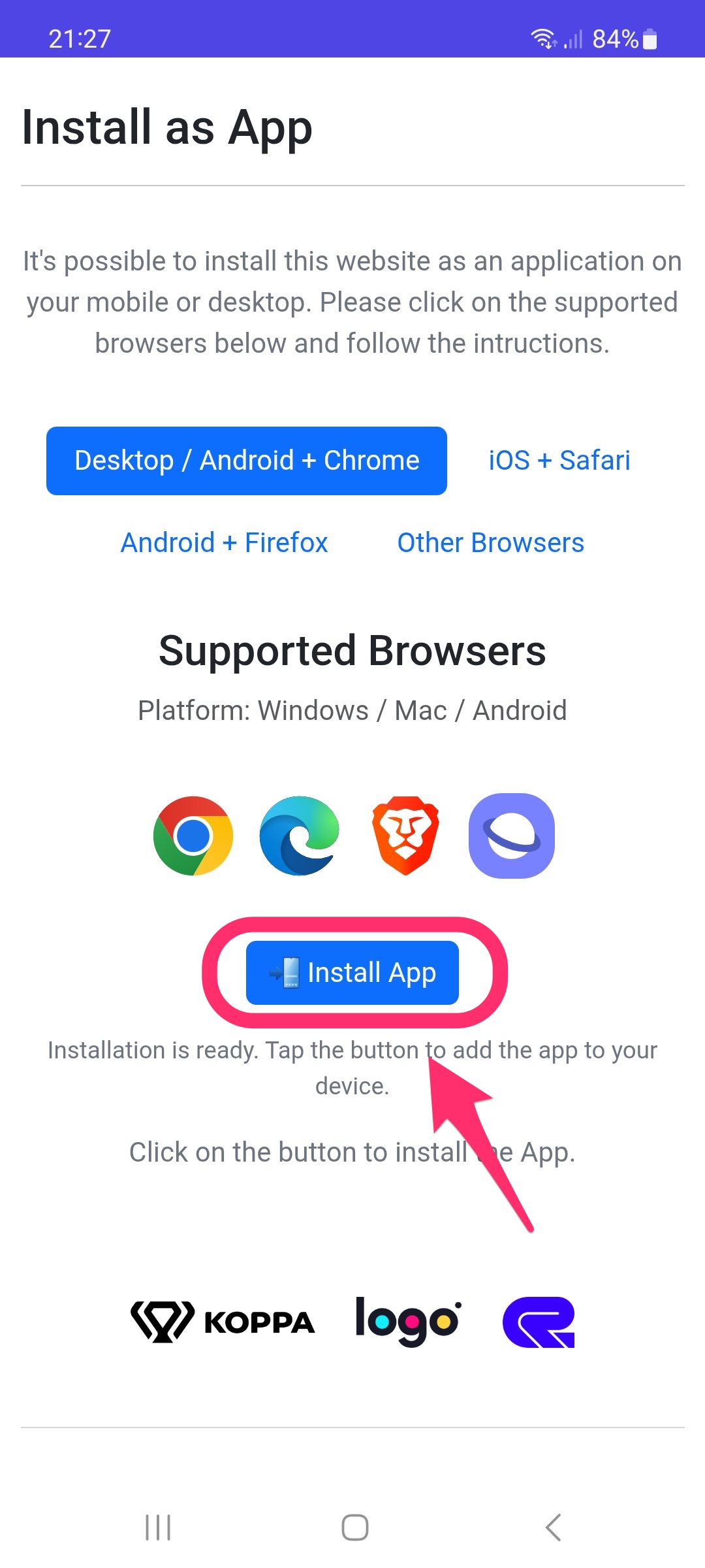 Botón Instalar app en Chrome para Android
